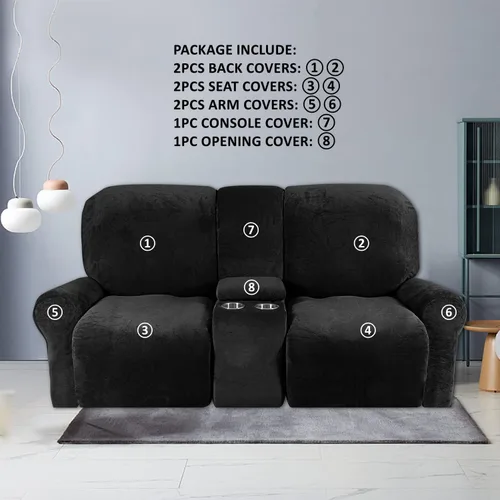 Vista 2 de Aedlcal Funda reclinable para sofá biplaza, funda de sofá reclinable elástica de terciopelo de 8 piezas con consola central, funda de sofá Negro