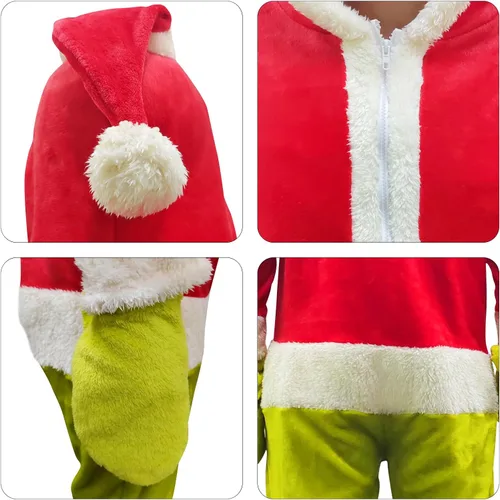 Vista 7 de Mono de Papá Noel, monstruo verde, unisex, para adultos, pijama con capucha de Navidad, disfraz de fiesta