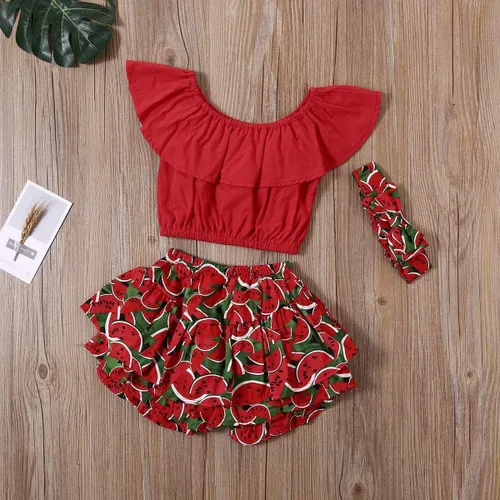 Vista 3 de Conjunto de faldas de piña para niños pequeños y niñas con hombros descubiertos de frutas + tutú con volantes faldas, vestido de verano