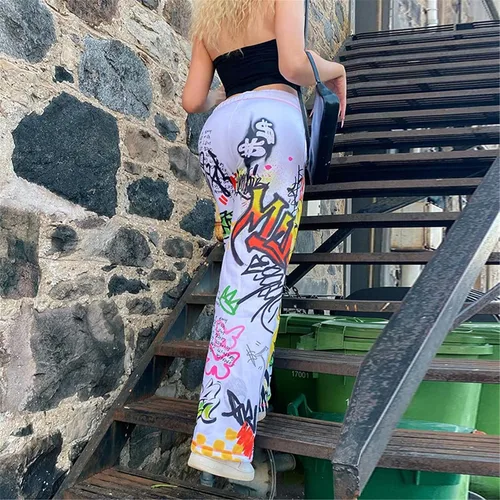 Vista 3 de Pantalones holgados de hip hop para mujer pantalones deportivos de los años 90 con cordón holgados pantalones deportivos de calle