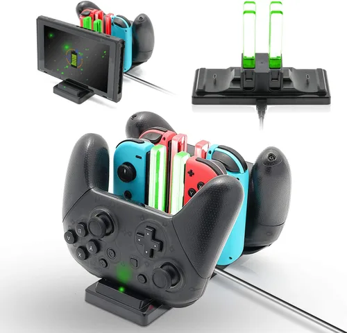 Vista 2 de Base de cargador de controlador para Nintendo Switch, estación de carga 6 en 1 para Nintendo Switch Joy-Con y controladores Pro, color negro