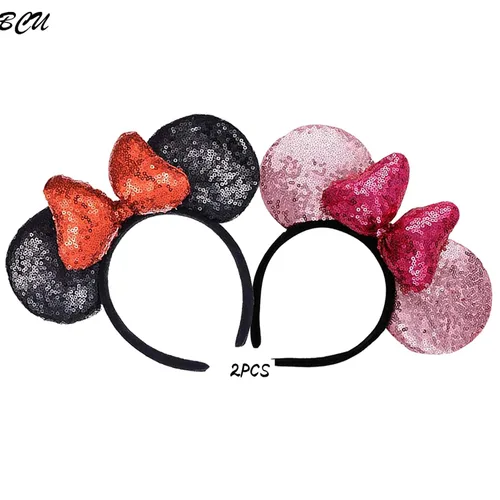 Vista 3 de BCU Mouse - Juego de 2 diademas de lentejuelas con purpurina de mariposa para niños o adultos 3D negro y rosa
