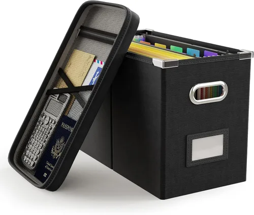 Vista 27 de Oterri Caja organizadora de archivos con tapa, caja de archivos colgante con bolsillo de malla, caja organizadora de documentos para archivos