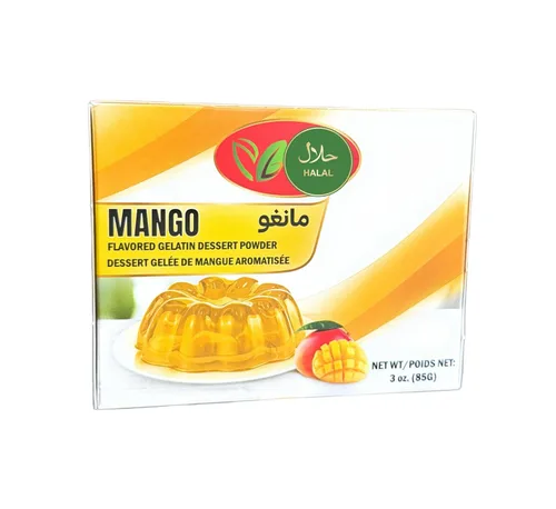 Vista 3 de Polvo de postre de gelatina halal, paquete de 4, 2 mango y 2 sabor a piña , 3.00 oz cada uno.