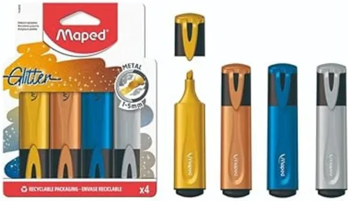 Vista 5 de Maped Fluo Peps Classic - Resaltadores metálicos con purpurina, paquete de 4, estudia y organiza, tinta única con purpurina, versátil y cómodo