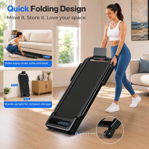 Vista 17 de Cardirun Walking Pad with 12% Auto Incline & Handle Bar, Foldable Treadmill Negro