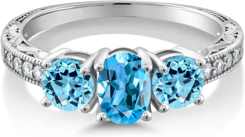 Vista 27 de Gem Stone King Anillo de compromiso de 3 piedras preciosas de oro blanco de 10 quilates con piedra natal y diamantes cultivados en laboratorio