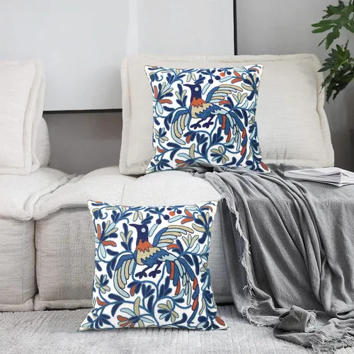 Vista 3 de Alysheer Juego de 2 fundas de almohada bordadas decorativas de verano de 18 x 18 pulgadas, funda de cojín de algodón con patrón de bordado de pájaro