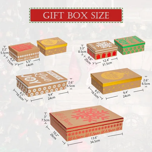 Vista 2 de Hollyone - Paquete de 7 cajas de regalo de Navidad de papel de estraza con tapas en diseños surtidos, cajas de envoltorio de regalo de Navidad