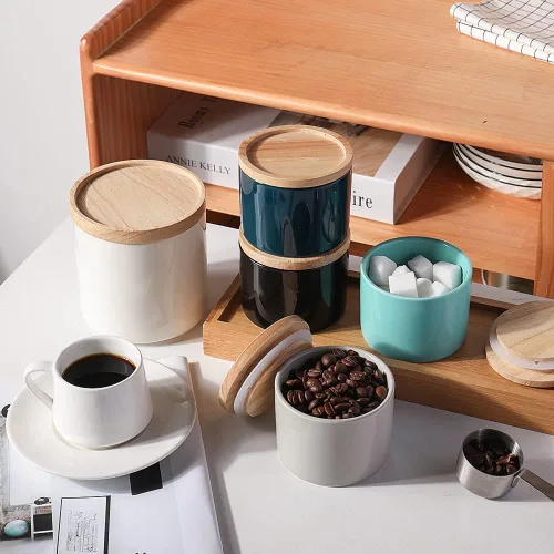 Vista 3 de Sweejar Kitchen Canisters - Tarro de cerámica para almacenar alimentos, recipientes apilables con tapa de madera y sello hermético para servir café