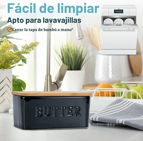 Vista 4 de PriorityChef Plato de Mantequilla Extra Grande con Tapa para Encimera, Envase de Mantequilla de Cerámica con Cubierta Hermética, Soporte de Negro