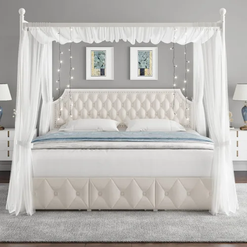 Vista 3 de Keyluv - Marco de cama con dosel tapizado tamaño King con 3 cajones y cabecera tapizada con botones, cama de plataforma metálica con 4 postes Beige