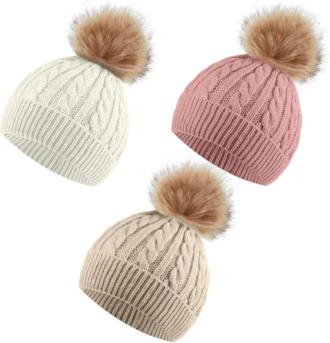 Vista 10 de Gorro de lana de punto para niños de 3 piezas, gorro de invierno cálido con pompón desmontable para niñas de 1 a 3 años