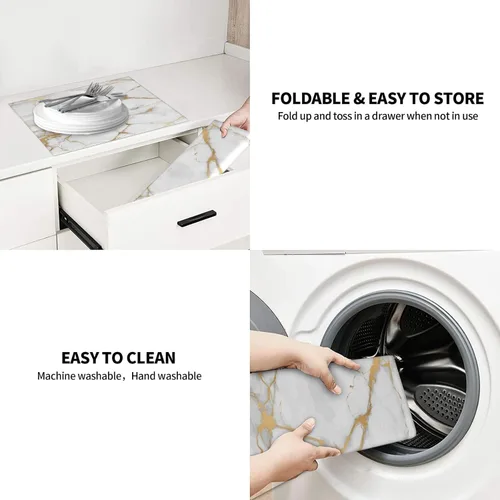 Vista 7 de Tapete de secado de platos de mármol blanco dorado para encimera de cocina, absorbente de 16 x 18 pulgadas, placa de microfibra de vidrio