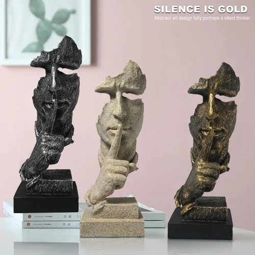 Vista 6 de fazhongfa Estatua de pensador – Silence is Gold - Decoración moderna creativa de arte abstracto, esculturas de resina, decoración de habitación