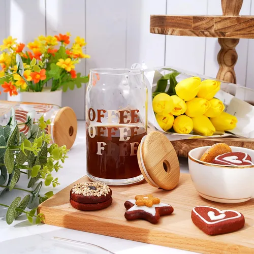 Vista 6 de Whaline Juego de 4 vasos para beber con tapas de bambú y popote de vidrio, taza de vidrio en forma de lata de 16 onzas, vaso de café helado, ideal