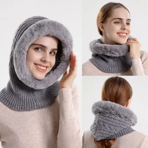 Vista 2 de YEKEYI Sombreros de invierno para mujer, bufanda, gorro de forro polar, bufanda, máscara cálida con capucha para invierno, pasamontañas, suéter