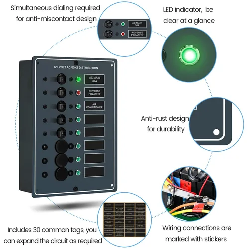Vista 4 de Haoguo - Panel de interruptor de circuito de 6 posiciones AC con indicador LED de polaridad inversa roja, incluye cubierta trasera de aislamiento AC