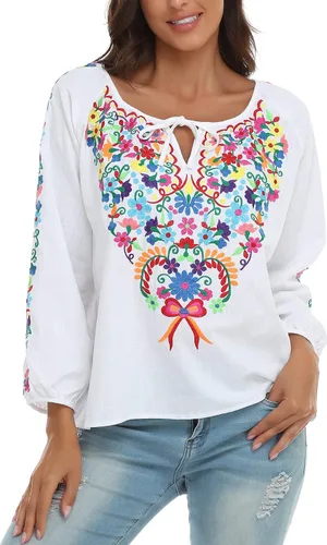 Vista 8 de YZXDORWJ CAMISA bordada mexicana para mujer