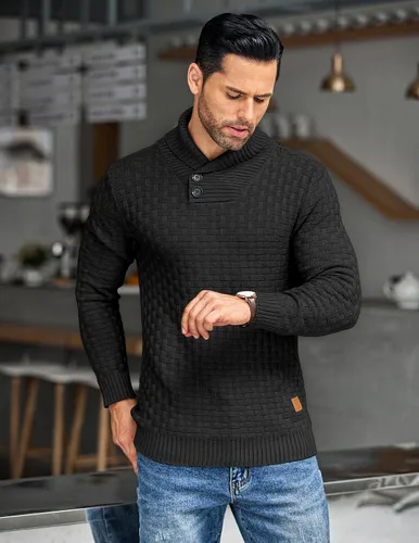 Vista 7 de COOFANDY Suéter de punto con cuello de chal para hombre, estilo casual, ajustado, con botones, texturizado