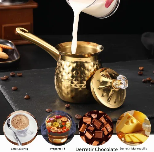 Vista 4 de 7 Oz Acero Inoxidable Café Turco Cezve, Oro Ibrik con Mango, 200 Ml Dorado