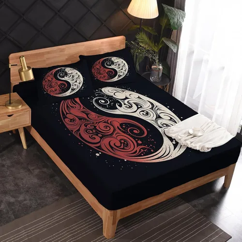 Vista 2 de Yin Yang - Juego de sábanas tamaño individual, sábanas japonesas, microfibra suave y bolsillo profundo, sábanas y fundas de almohada estampadas sin