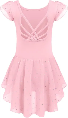 Vista 16 de Arshiner - Malla de ballet con mangas de volantes brillantes y falda con espalda cruzada para niñas Floral rosa aguamarina