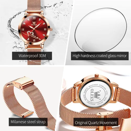 Vista 4 de OLEVS Relojes de mujer de cuarzo japonés de oro rosa para mujer, impermeables, de acero inoxidable, casual, para mujer