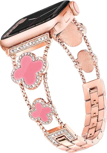 Vista 14 de wipalor Correa de trébol de cuatro hojas para Apple Watch para mujer de 42mm 41mm 40mm 38mm, correas delgadas iWatch para mujer, correas metálicas