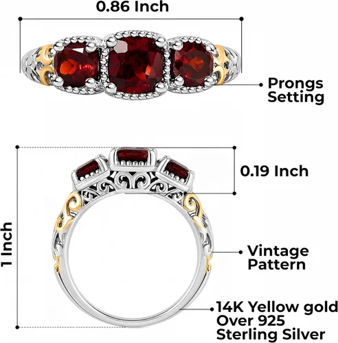 Vista 3 de 3 Stone Garnet Ring Silver with 14K Gold Plating January Birthstone Ring Cojín.