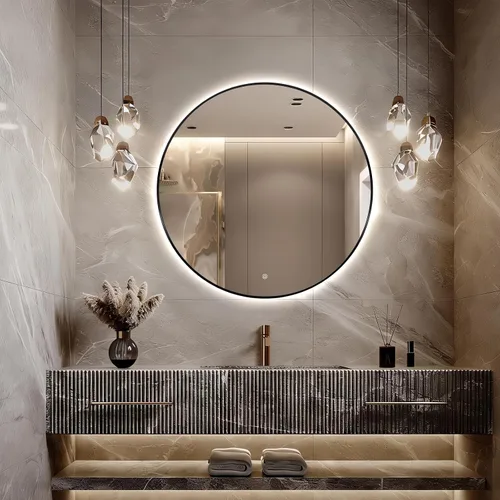 Vista 24 de Niccy Espejos de baño LED redondos, espejo retroiluminado con marco negro