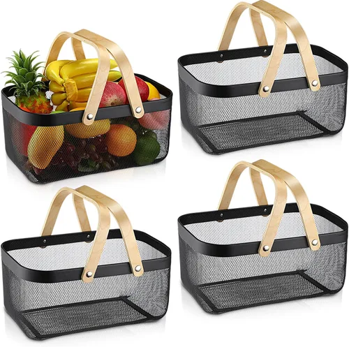 Vista 9 de Sadnyy 2 cestas de almacenamiento de alambre de metal negro con asa de malla para cosecha de verduras, frutas y juguetes, para organización