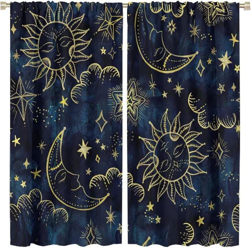 Vista 9 de Cortinas opacas con diseño de sol y luna, cuerpos celestes bohemios, con diseño de sol, luna y estrellas, para sala de estar, dormitorio, 42 x 45