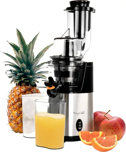 Vista 11 de MegaChef Máquina extractora de jugo de boca ancha con exprimidor centrífugo de acero inoxidable de doble velocidad, 3.5 tazas, plata cromada