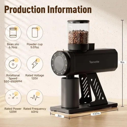Vista 8 de 64mm Stainless Steel Flat Burr Coffee Grinder, 100 Settings, Anti-Static Black