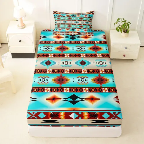 Vista 42 de Juego de ropa de cama de estilo bohemio occidental, tamaño individual, diseño de vaca atrapasueños, sábana bajera ajustable del suroeste, tribu