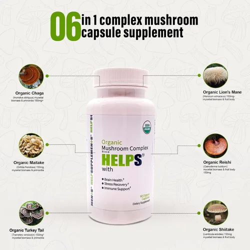 Vista 3 de Cápsulas de complejo de hongos orgánicos Suplemento de hongos 6 en 1 Salud cerebral, sistema de apoyo inmunológico, memoria y energía 1000 mg