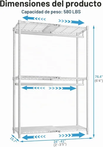 Vista 5 de VIPEK X1 Perchero de Ropa Extensible Uso Pesado Ajustable de 2' a 3'5" con Estantes Flexibles y Barras Colgadoras Percheros de Metal para Ropa Blanco