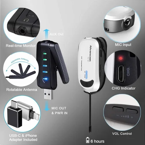 Vista 5 de Alvoxcon Micrófono lavalier inalámbrico para computadora, sistema de micrófono de doble solapa USB para Android, PC, portátil, altavoz, podcasting