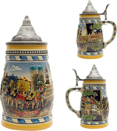 Vista 4 de OktoberfestHaus Beer Stein Oktoberfest con tapa grabada München (Munich) Taza de cerámica con escena de Okoberfest, regalos para amantes