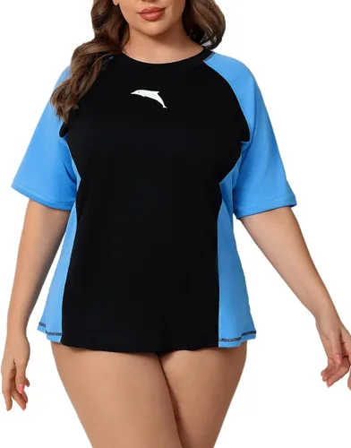 Vista 13 de Halcurt Women's Plus Size Rash Guard Swim Shirt with Built in Bra Swimsuit Todo negro