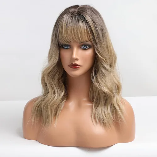 Vista 8 de HAIRCUBE Pelucas de color marrón a rubio con flequillo, pelucas sintéticas de cabello rizado, pelucas de cabello largo ondulado natural resistente