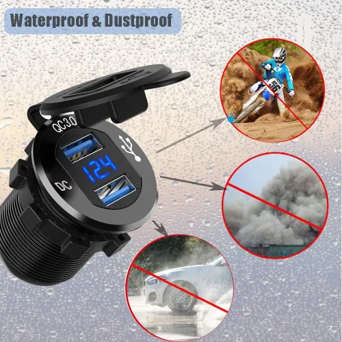 Vista 3 de Cargador de coche USB dual 3.0 de carga rápida de 12 V/24 V 36 W QC3.0 Cargador rápido USB dual toma de corriente de aluminio con voltímetro LED Azul