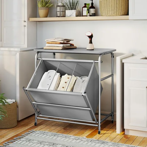 Vista 9 de COSTWAY Cesta de lavandería con tabla de planchar, carrito de lavandería con 3 secciones inclinables con 3 bolsas extraíbles separadas, ruedas