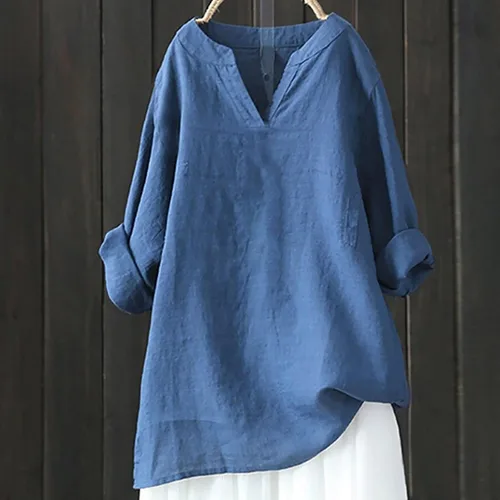 Vista 2 de Blusas de lino y algodón para mujer, estilo casual, con botones, cuello en V, manga 34, ajuste holgado, ajuste liso, camisas acampanadas