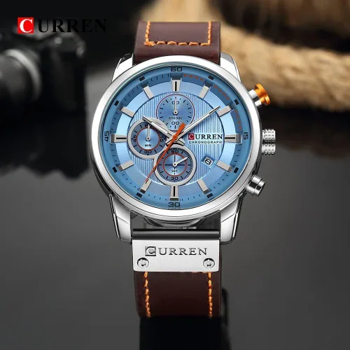 Vista 4 de Reloj deportivo con cronógrafo para hombre, correa de cuero marrón, reloj de cuarzo, reloj de pulsera casual para hombre, Completo negroacero.