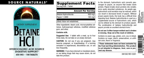 Vista 4 de Source Naturals - Betaína HCl Fuente de ácido clorhídrico 650 mg. - 180
