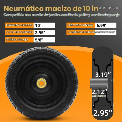 Vista 2 de AR-PRO Paquete de 2 neumáticos y rueda sólidos sin planos de 10 pulgadas, con orificio de eje de 5/8 pulgadas, cubo de desplazamiento de 2.1