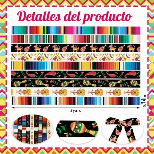 Vista 2 de 9 rollos de cinta para fiesta de 3/8 pulgadas, cinta de grogrén mexicano de serape mexicano, colorido, degradado, arcoíris, rayas, piñata, cactus