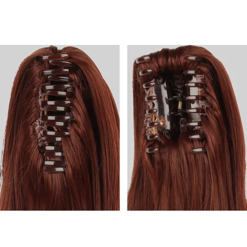 Vista 5 de Extensiones de cabello castaño rojizo, extensiones de cola de caballo con clip de garra de 16 pulgadas para mujer, cabello rizado, peluca de cola
